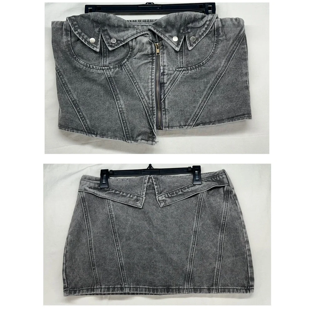 Pretty Little Thing Grey Denim Mid Rise Fold Over‎ Mini Skirt & Top US 10 Petite